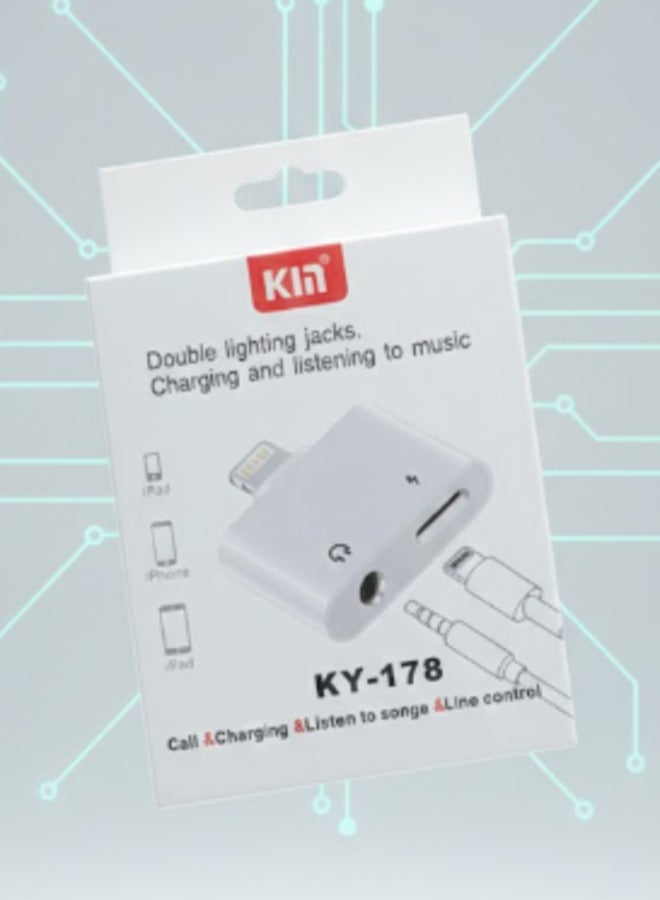 محول الصوت KIN KY-178 ثنائي الوظائف (Lightning) لأجهزة iPhone و iPad - شحن متزامن ومحول مقبس سماعة رأس 3.5 ملم